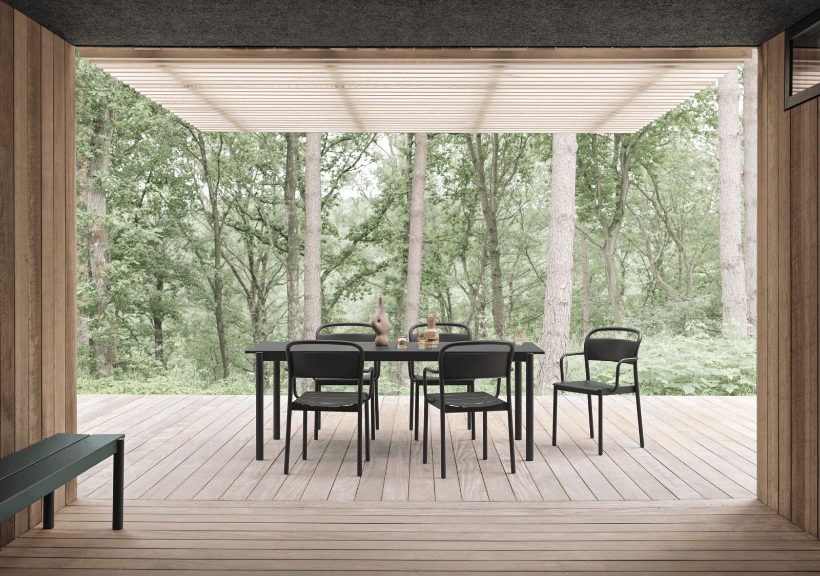 muuto linear steel bench under table outdoor dining furniture